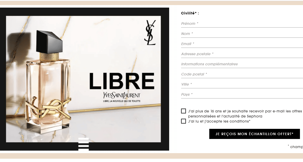 Echantillons gratuits de parfum Libre d’Yves Saint Laurent à recevoir sur sephora.fr