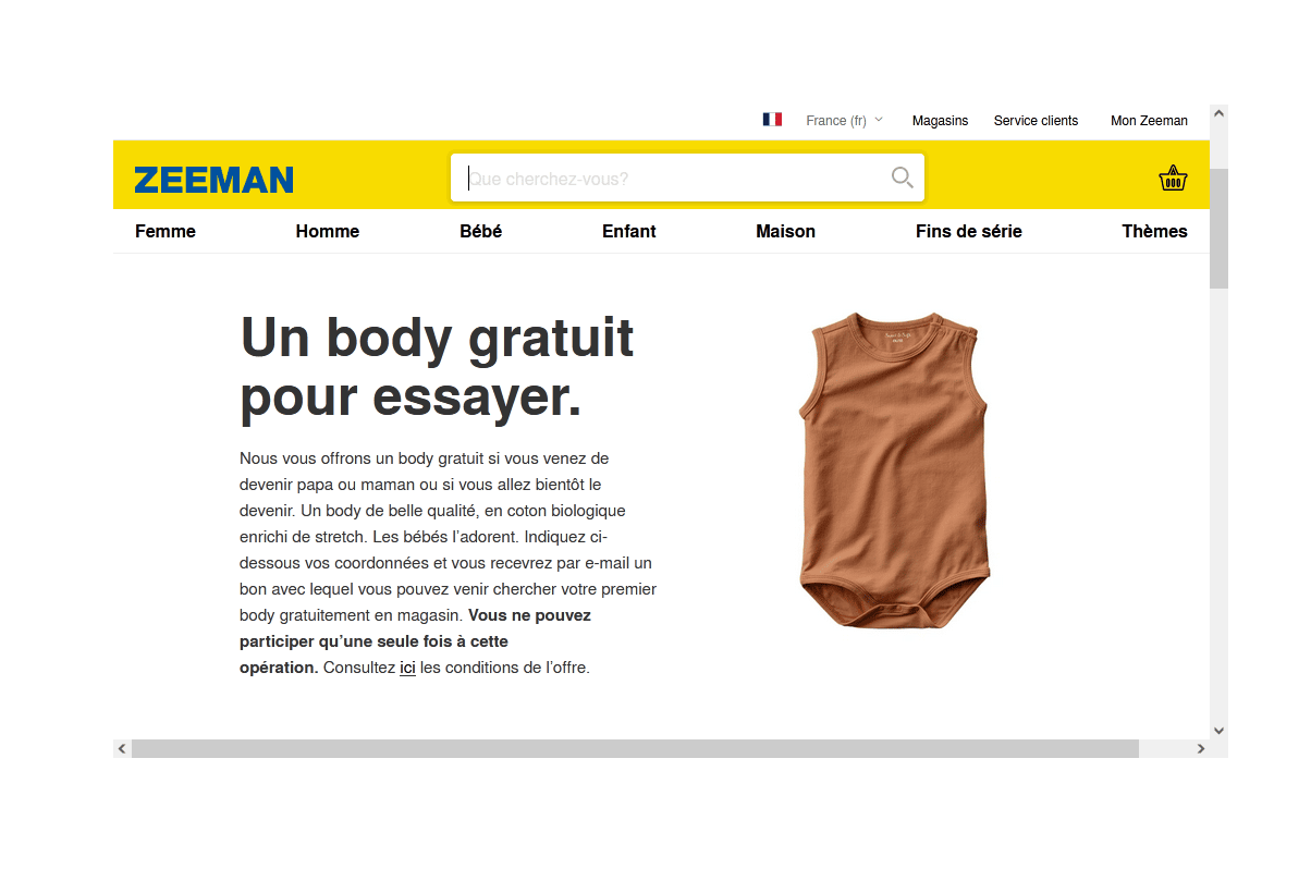 Échantillon gratuit body Zeeman pour bébé né après le 01/01/2017