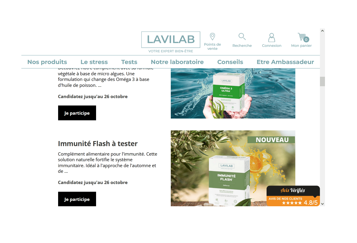 Produits Lavilab offerts sur lavilab.com : 100 compléments alimentaires à tester