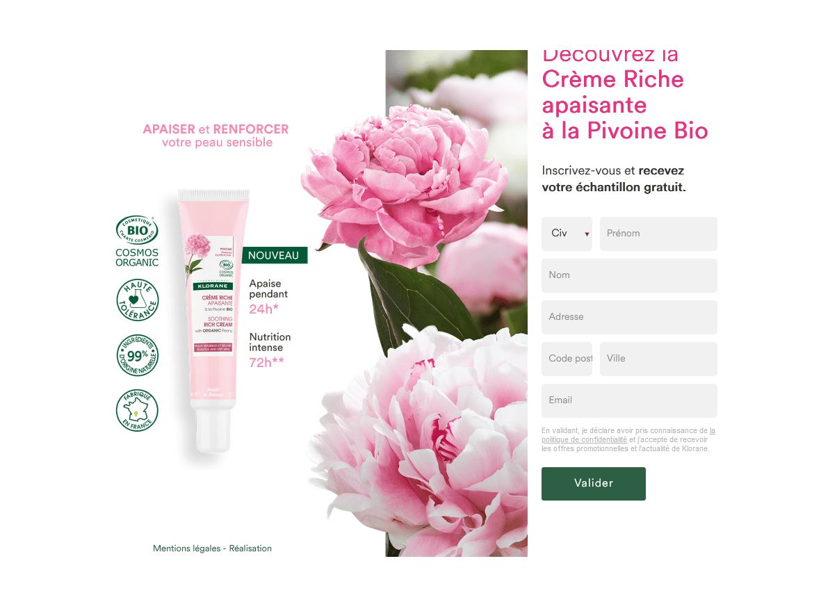 Échantillon gratuit de la crème à la pivoine bio Klorane